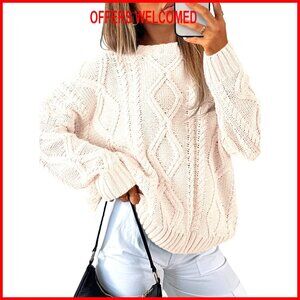 Oversized Cable Knit Crewneck Sweater, 60% Cotton Acrylic Blend, Cozy Pullover